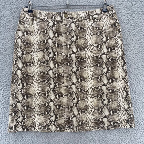 Chicos Skirt Womens 2 US 12 Brown Snake Print Denim Knee Length Stretch Straight - Picture 1 of 11